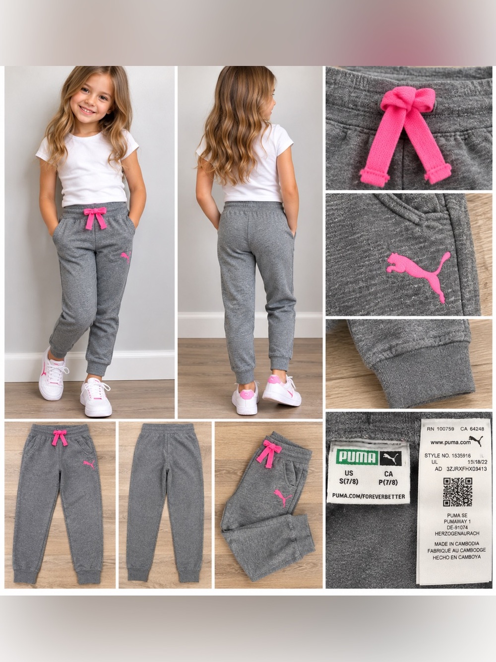 Puma Girls Gray & Pink Jogger Sweatpants – Size 7/8